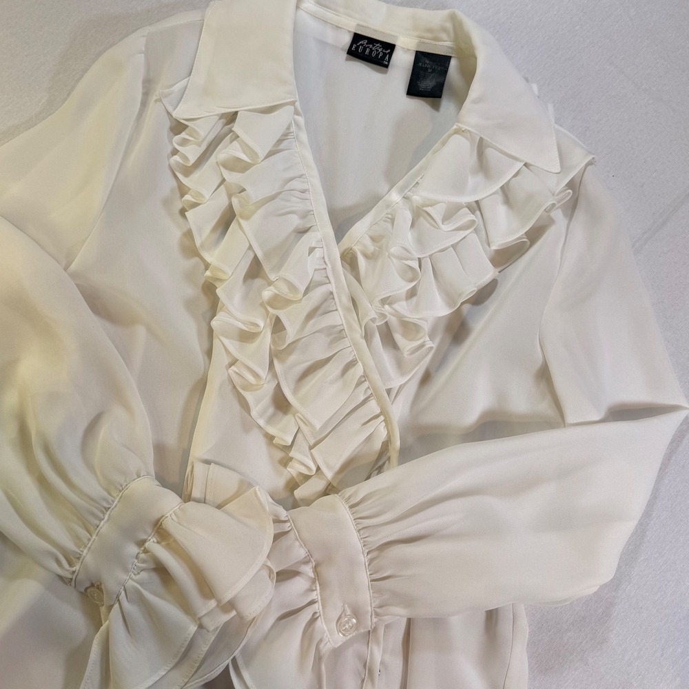 Boutique Europa Ruffle Blouse Women M White Long Sleeve V-Neck Victorian Blouse